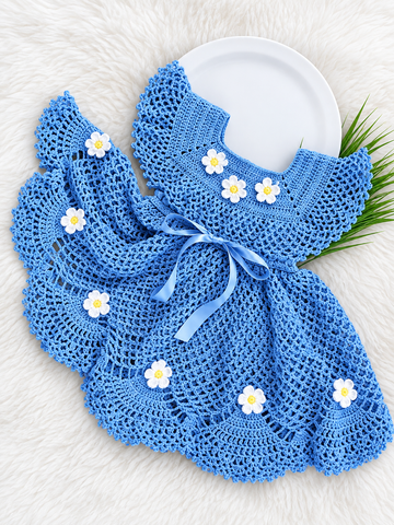 🧶 Crochet Baby Girl Dress – Blue Daisy Handmade Dress