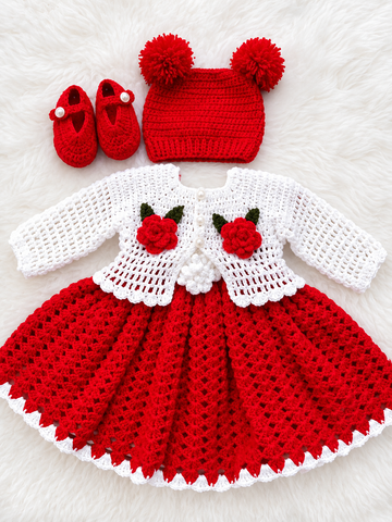 Handmade Crochet Baby Girl Dress Set – Red & White Floral Outfit
