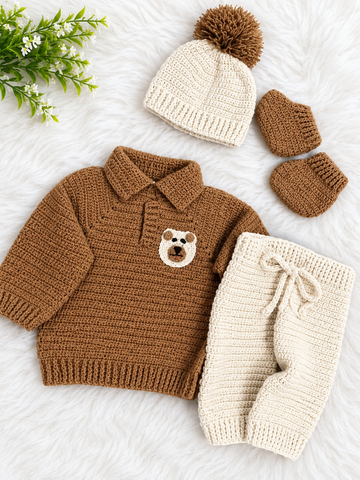 Handmade Crochet Baby Winter Set – Teddy Bear Sweater, Pants, Hat & Mittens