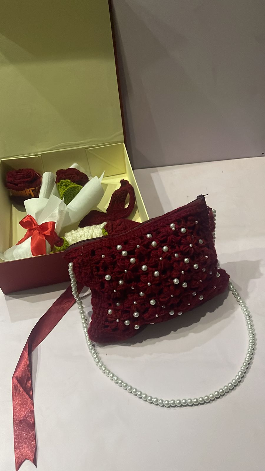 Handmade Crochet Bag Shoulder Bag Pearl Strap Purse Gift For Her