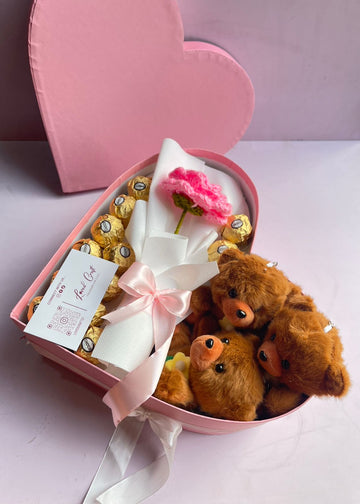 Pink Chocolate Heart Box with 3 Teddy Bears &amp; 1 Crochet Rose