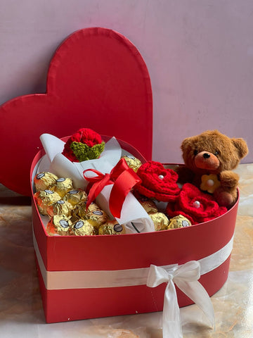Red Premium Heart Box with Chocolates, Red Rose, 1 Teddy Bear &amp; 2 Gajre Pearls