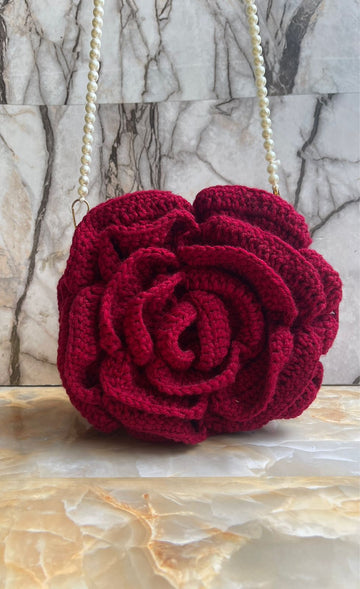 Handmade Crochet Rose Bag Floral Shoulder Bag Pearl Strap Purse Gift For Her