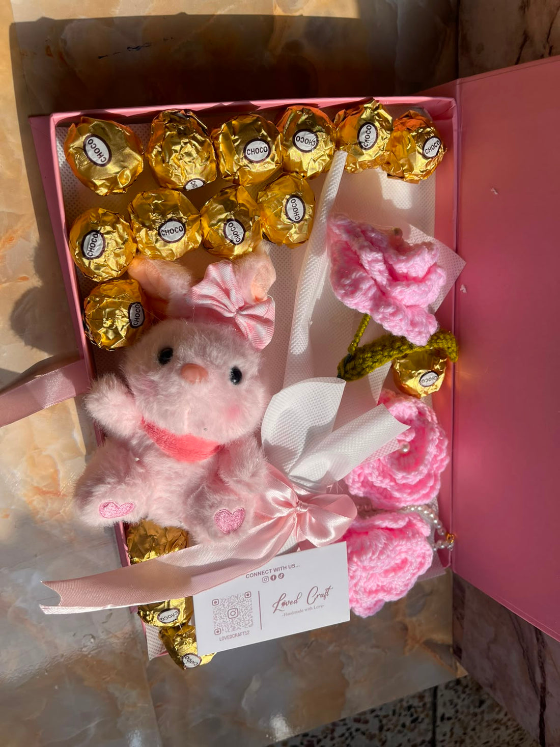 Handmade Teddy Bear Gift Box with Chocolates, Crochet Rose & Crochet Cakes | Premium Gift Box by Loved Craft