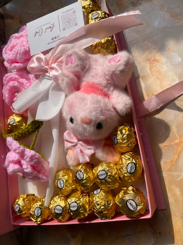 Handmade Teddy Bear Gift Box with Chocolates, Crochet Rose & Crochet Cakes | Premium Gift Box by Loved Craft