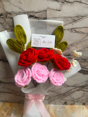 Handmade Crochet Rose Bouquet – 3 Red Roses & 3 Pink Roses with Leaves | Forever Flower Bouquet by Loved Craft