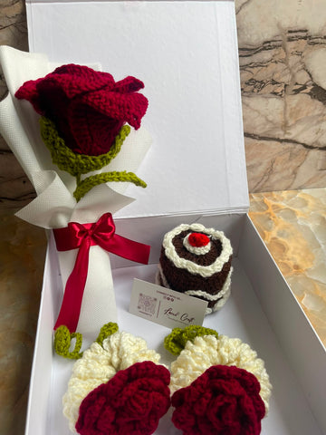 Handmade Crochet Gift Box – Large Crochet Rose, 2 Crochet Gajras & Crochet Cake | Premium Gift Box by Loved Craft