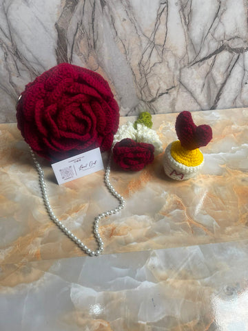 Handmade Crochet Gift Set – Rose Bag, Rose Gajra & Heart Pot | Loved Crafteal