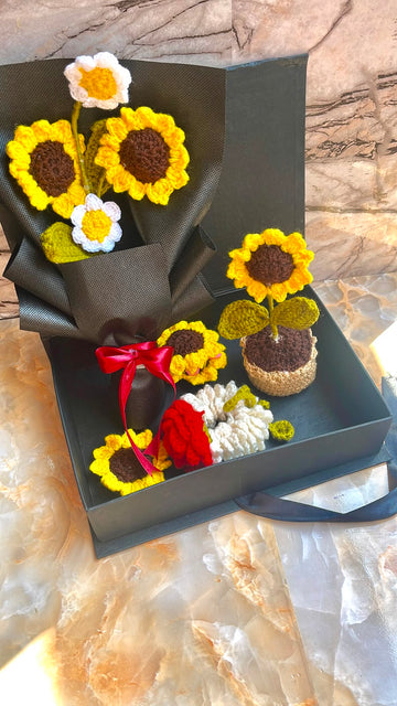 Handmade Crochet Sunflower Gift Box – Sunflower Bouquet, Mini Pot, Gajra, Hair Clip & Keychain | Loved Craft
