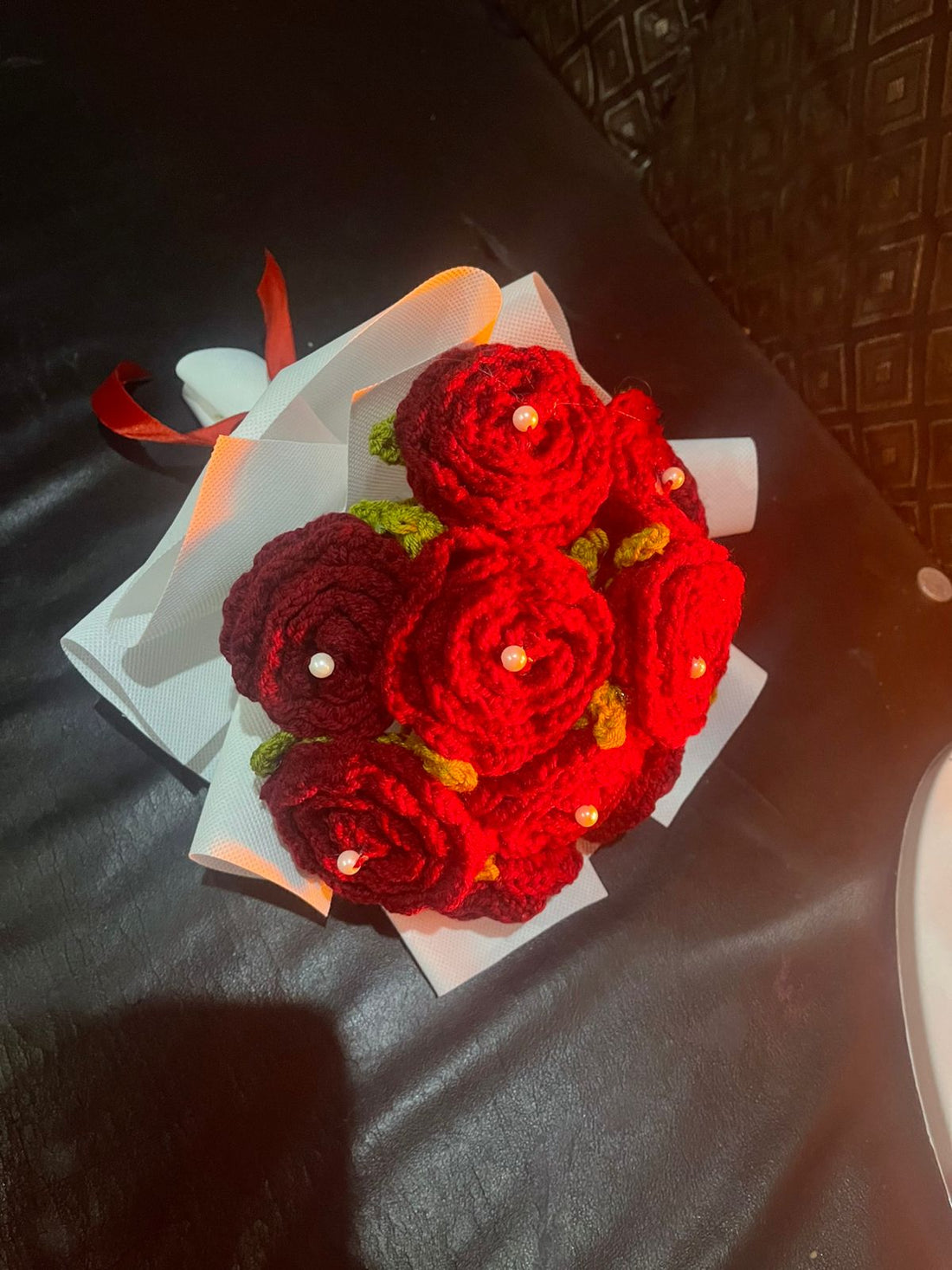 Loved craft 10 Roses Crochet Bouquet with Pearls &amp; Pair of Gajra Set in Gift Box
