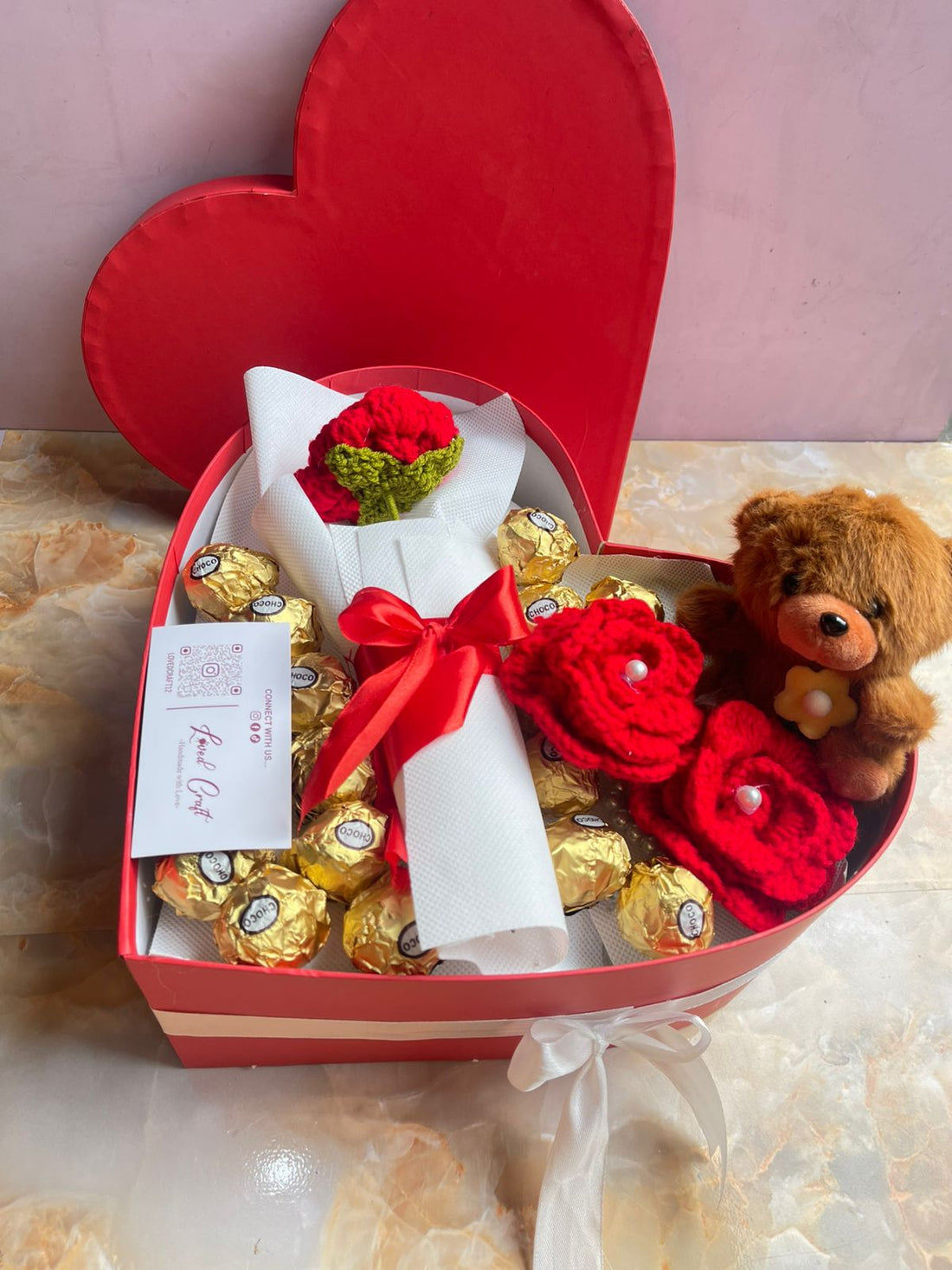 Red Premium Heart Box with Chocolates, Red Rose, 1 Teddy Bear &amp; 2 Gajre Pearls
