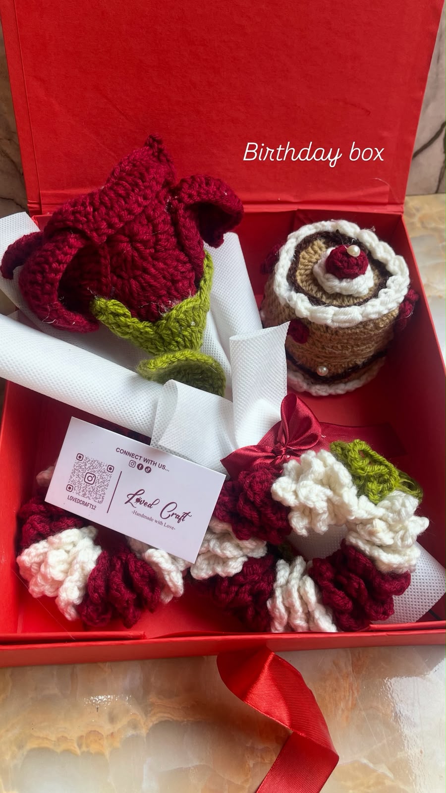 Handmade Crochet Gift Box – Large Crochet Rose, 2 Crochet Gajras & Crochet Cake | Premium Gift Box by Loved Craft