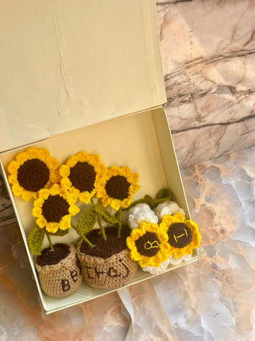 Handmade Crochet Sunflower Pot & Sunflower Gajra Gift Set – 2 Sunflower Pots & 2 Matching Gajras | Loved Craft