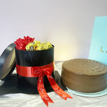 Loved Craft Layers Cake and Ferrero Rocher Chocolates and Flowers in Gift Box